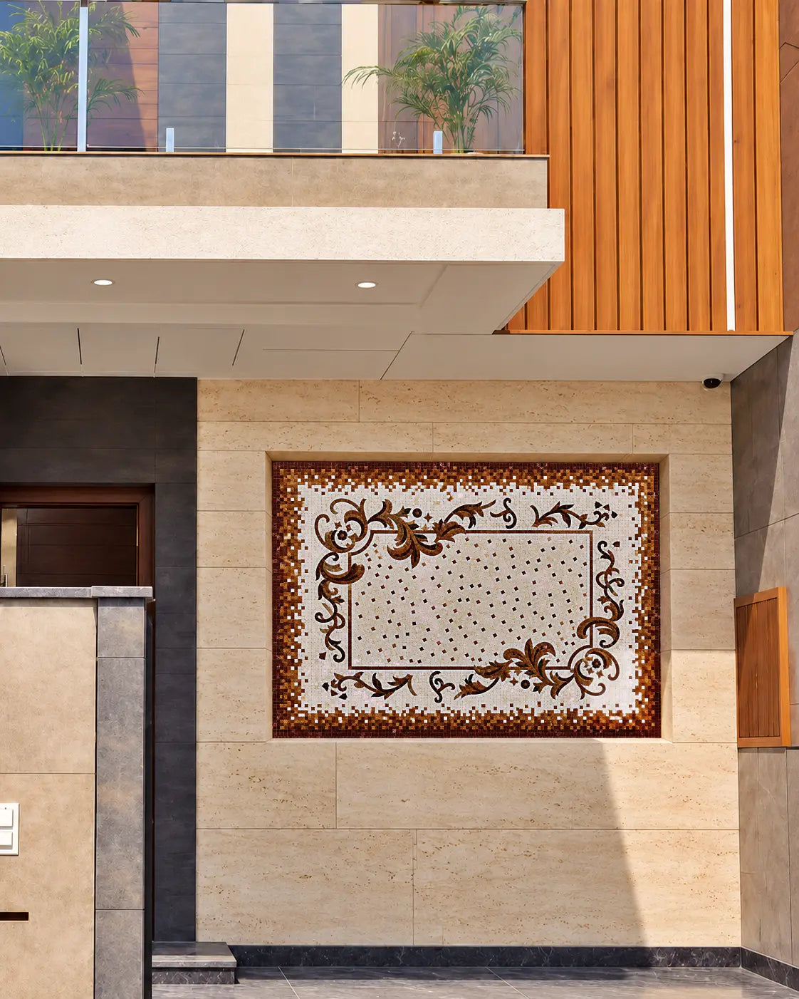 Cream marble mosaic with brown and golden floral scrollwork, scattered square accents and a blended border, shown in a travertine entrance wall mockup.
