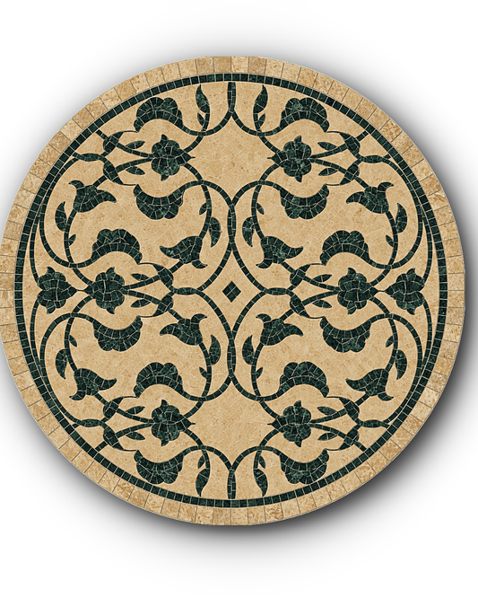 Round floral vine mosaic medallion handcrafted in natural Pak Green and cream marble