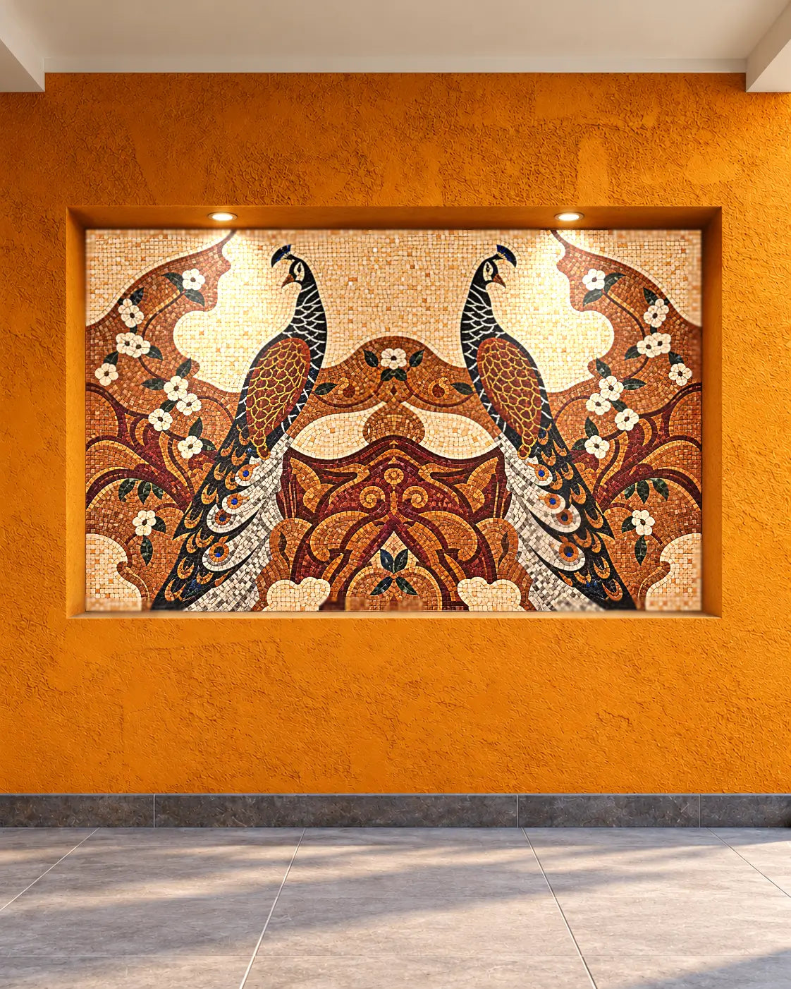 Two symmetrical peacocks with patterned tails, surrounded by white flowers and red and golden scrollwork, shown in a lit ochre wall niche mockup.