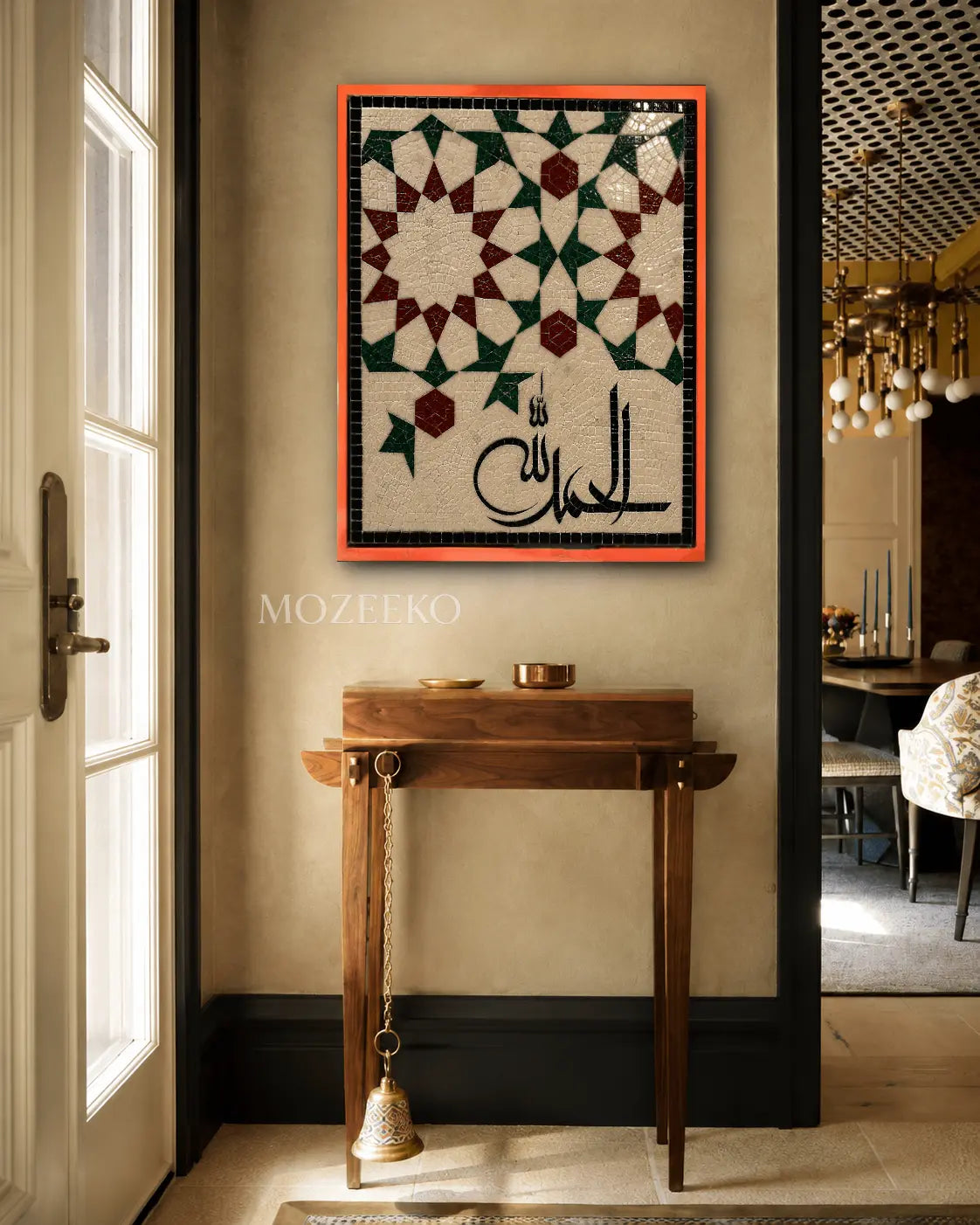 Alhamdulillah Islamic marble mosaic wall art featuring red and green geometric patterns.