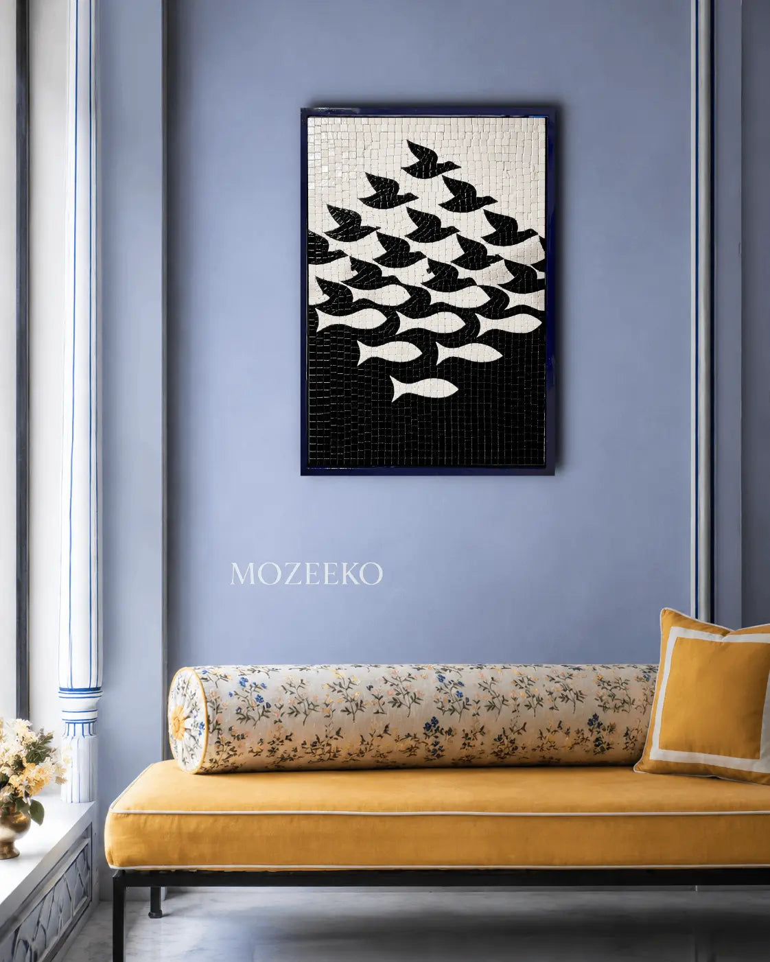 Black and white birds and fish marble mosaic wall art displayed in an elegant blue interior.