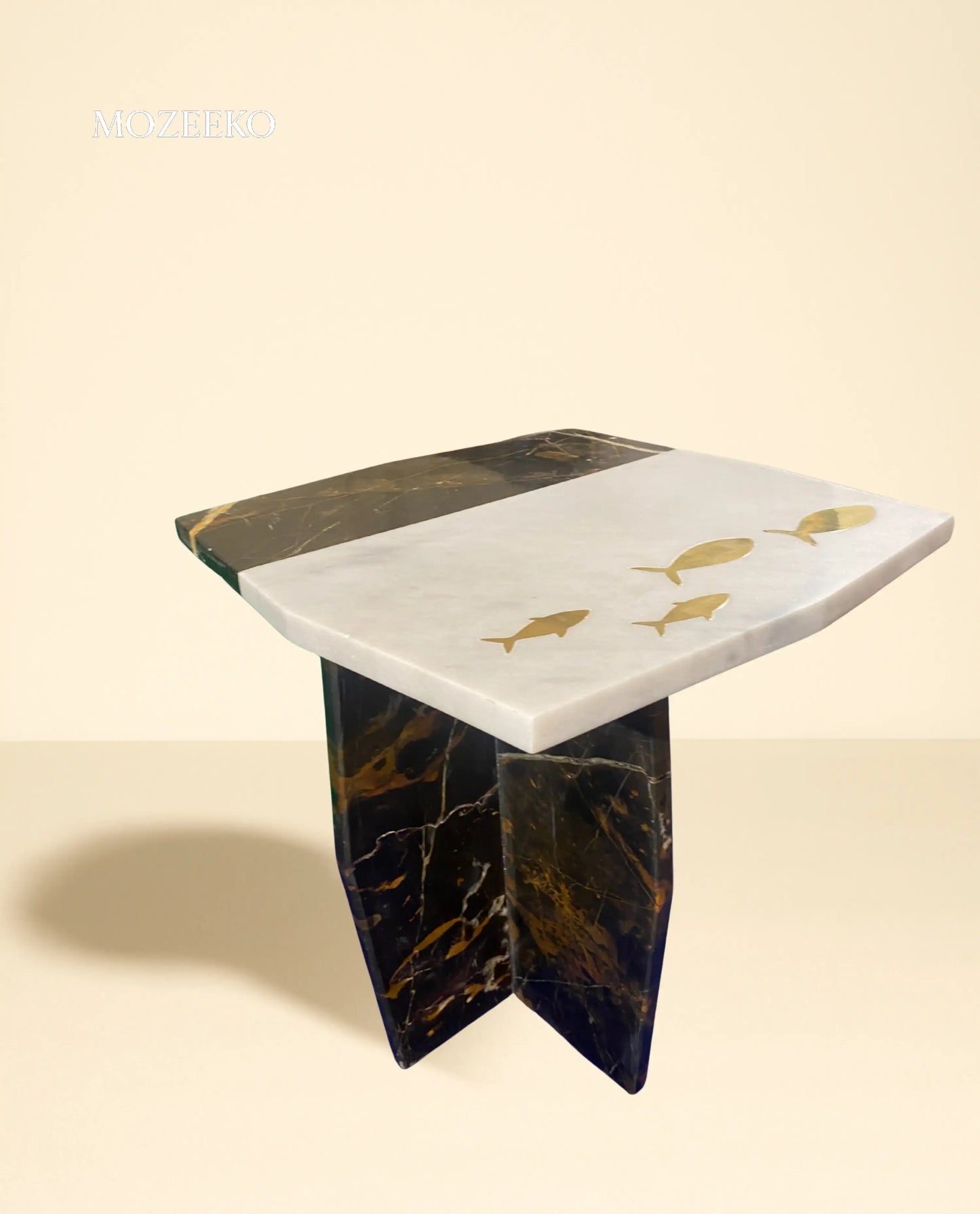Brass Fish Inlay Marble Accent Table – Ziarat White & Black Gold Segmented Top | Mozeeko