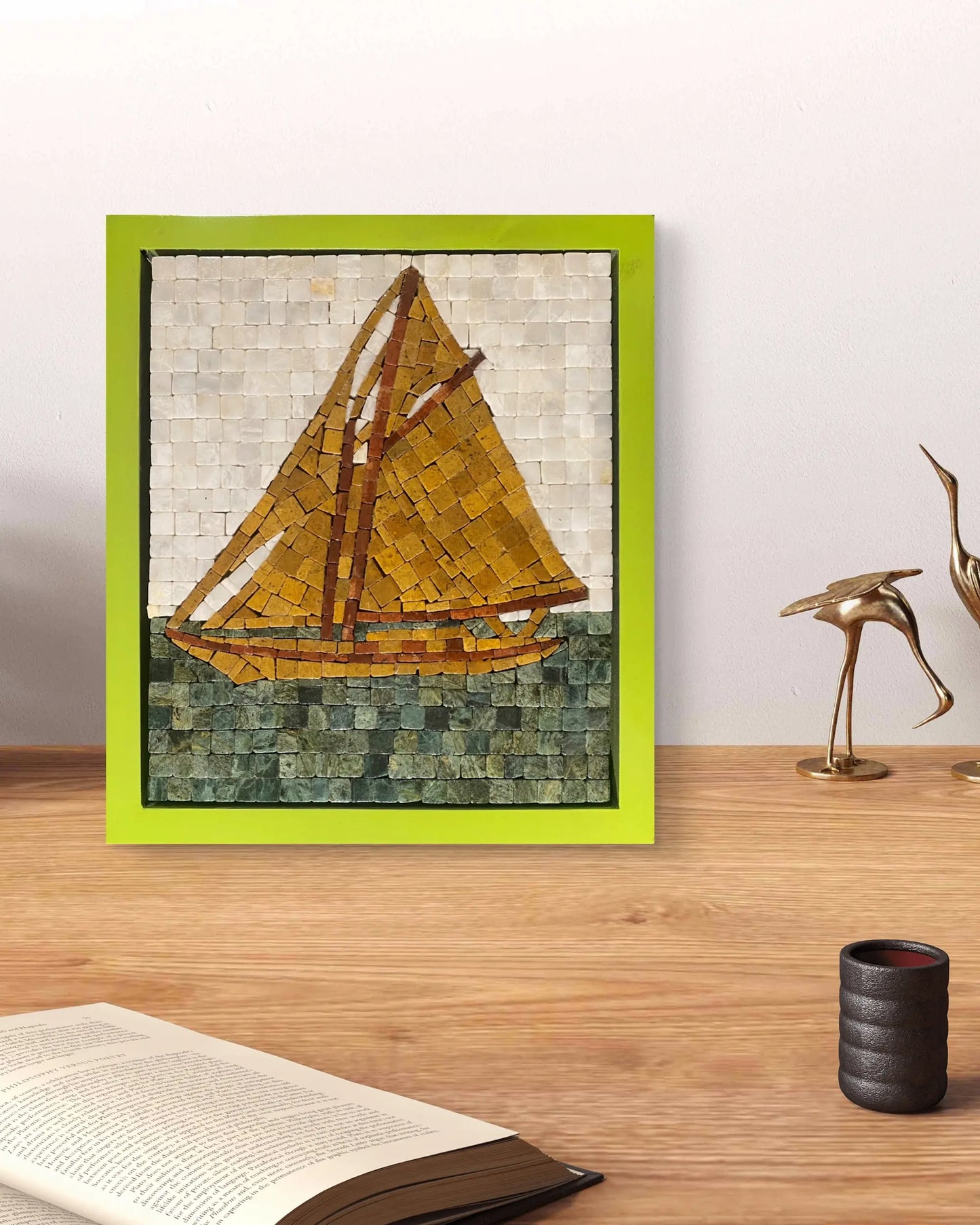 Sail of Dawn – marble mosaic wall art (Super White, Jungle Green, Golden, Red Golden) displayed in lime green frame in interior setting (NIA Collection by Mozeeko)