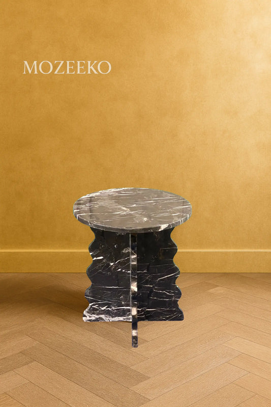 Black & Gold marble accent table with 15.75-inch round top and sculptural wavy base, handcrafted by Mozeeko.