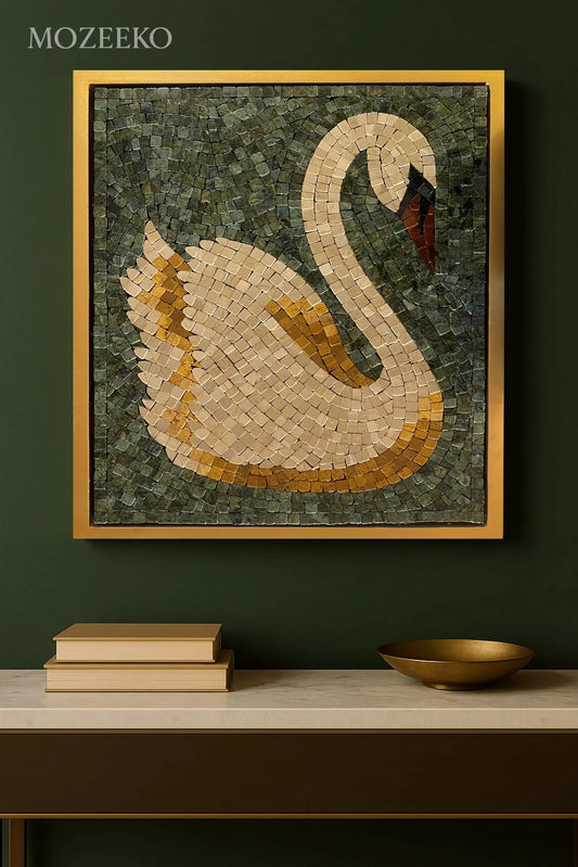 Luxury swan marble mosaic artwork jungle green and gold natural stone wall decor