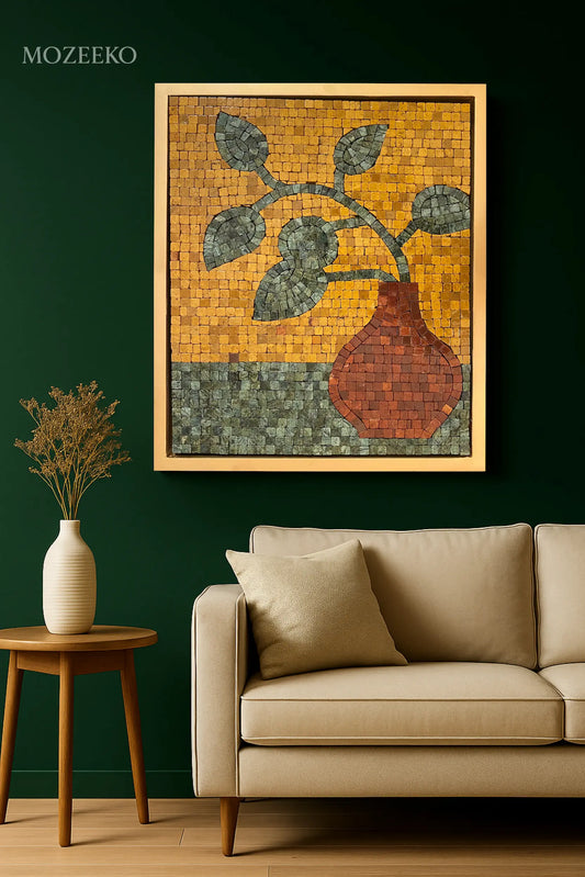 Luxury golden frame marble mosaic artwork jungle green and red golden natural stone decor