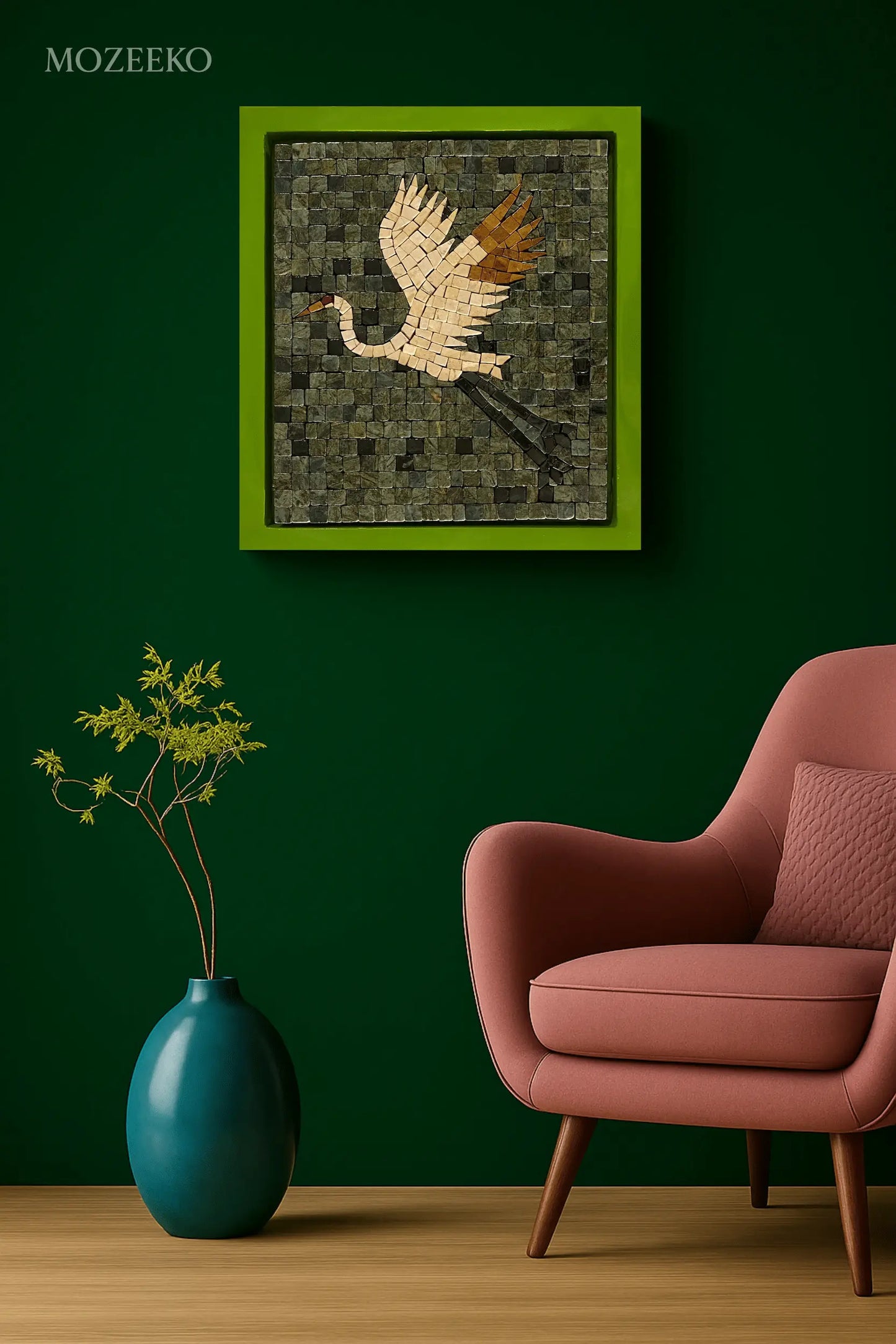 Flight Over Emerald – marble mosaic wall art (Jungle Green, Boticina Cream, Golden, Jet Black) displayed in lime green frame, NIA Collection by Mozeeko