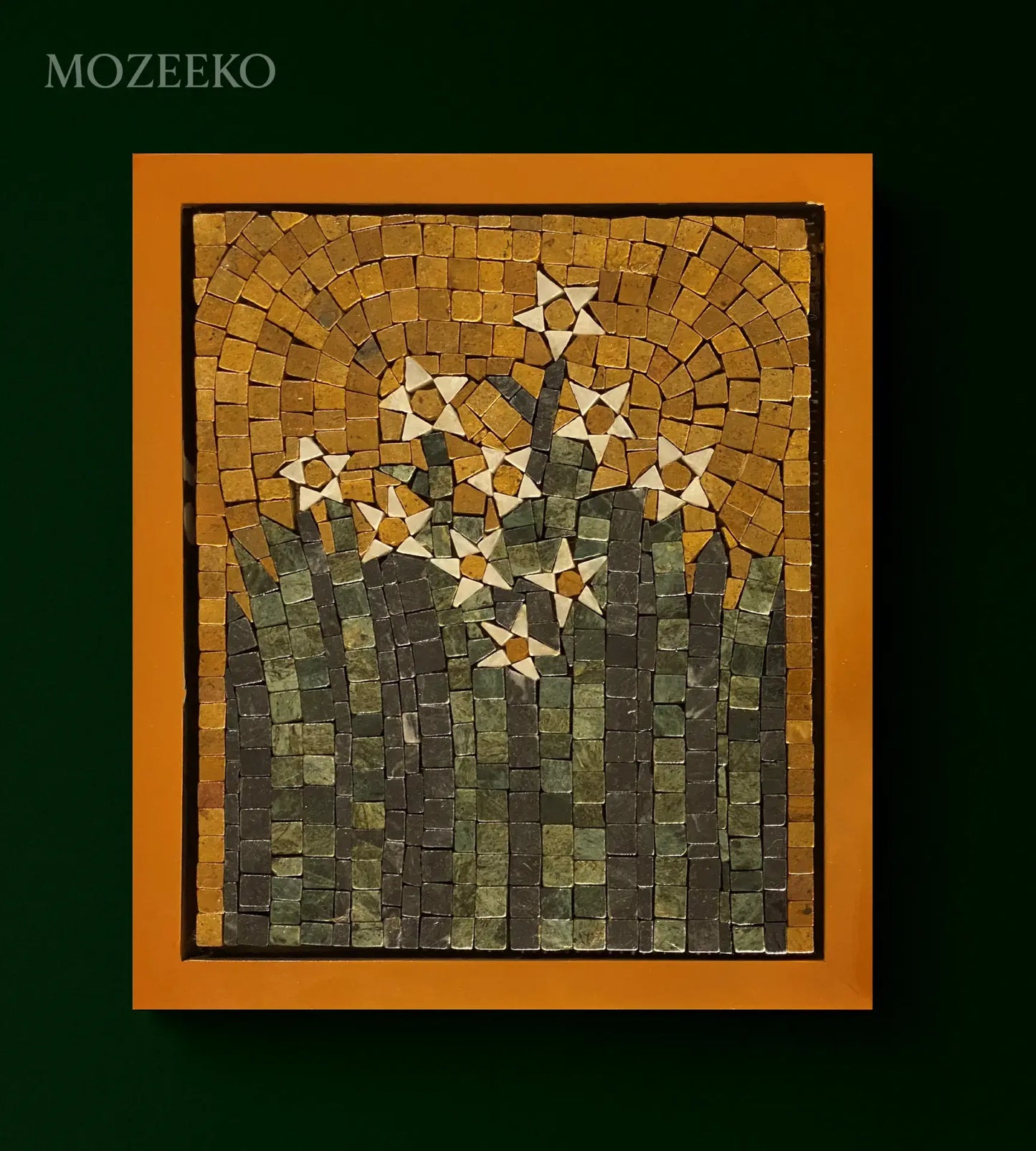 Golden Bloom – 12×14 handmade marble mosaic wall art with golden background and white star flowers (NIA Collection by Mozeeko)