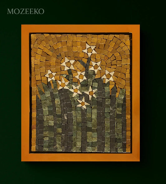 Golden Bloom – 12×14 handmade marble mosaic wall art with golden background and white star flowers (NIA Collection by Mozeeko)