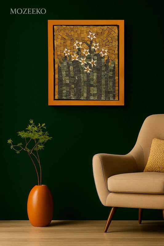 Golden Bloom – 12×14 marble mosaic wall art displayed in a luxury interior mockup with golden background and floral design (NIA Collection by Mozeeko)