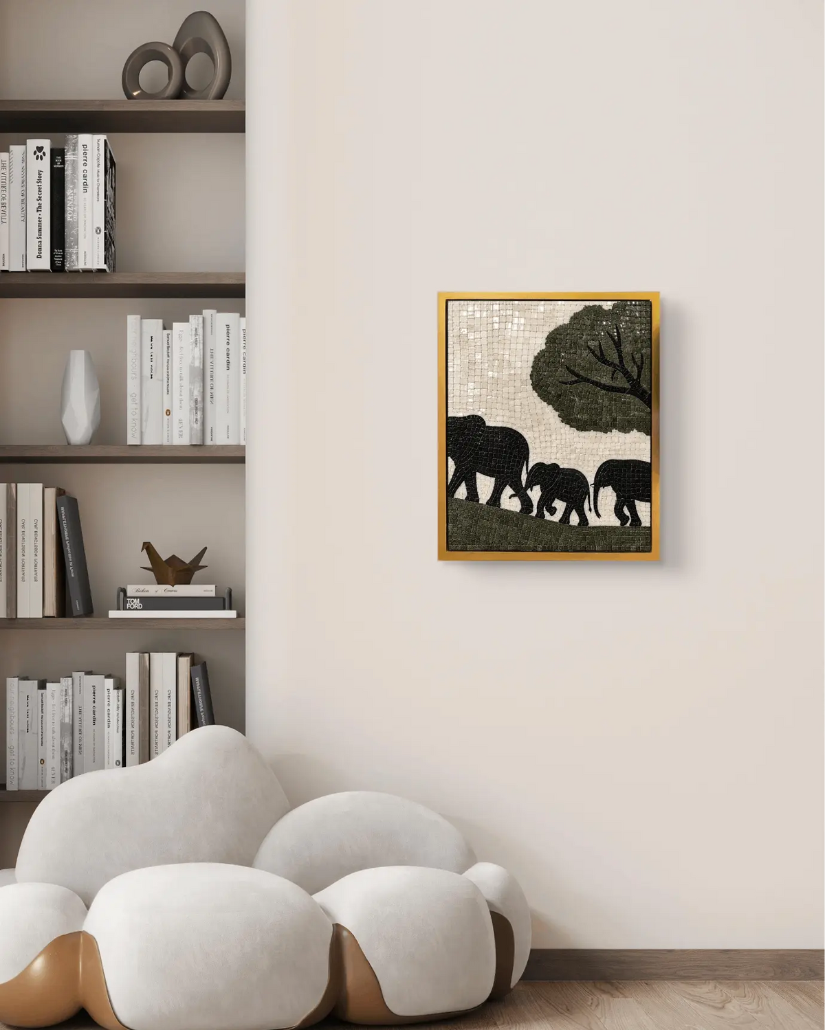Black elephant family marble mosaic wall art beneath a green tree displayed in a golden frame.