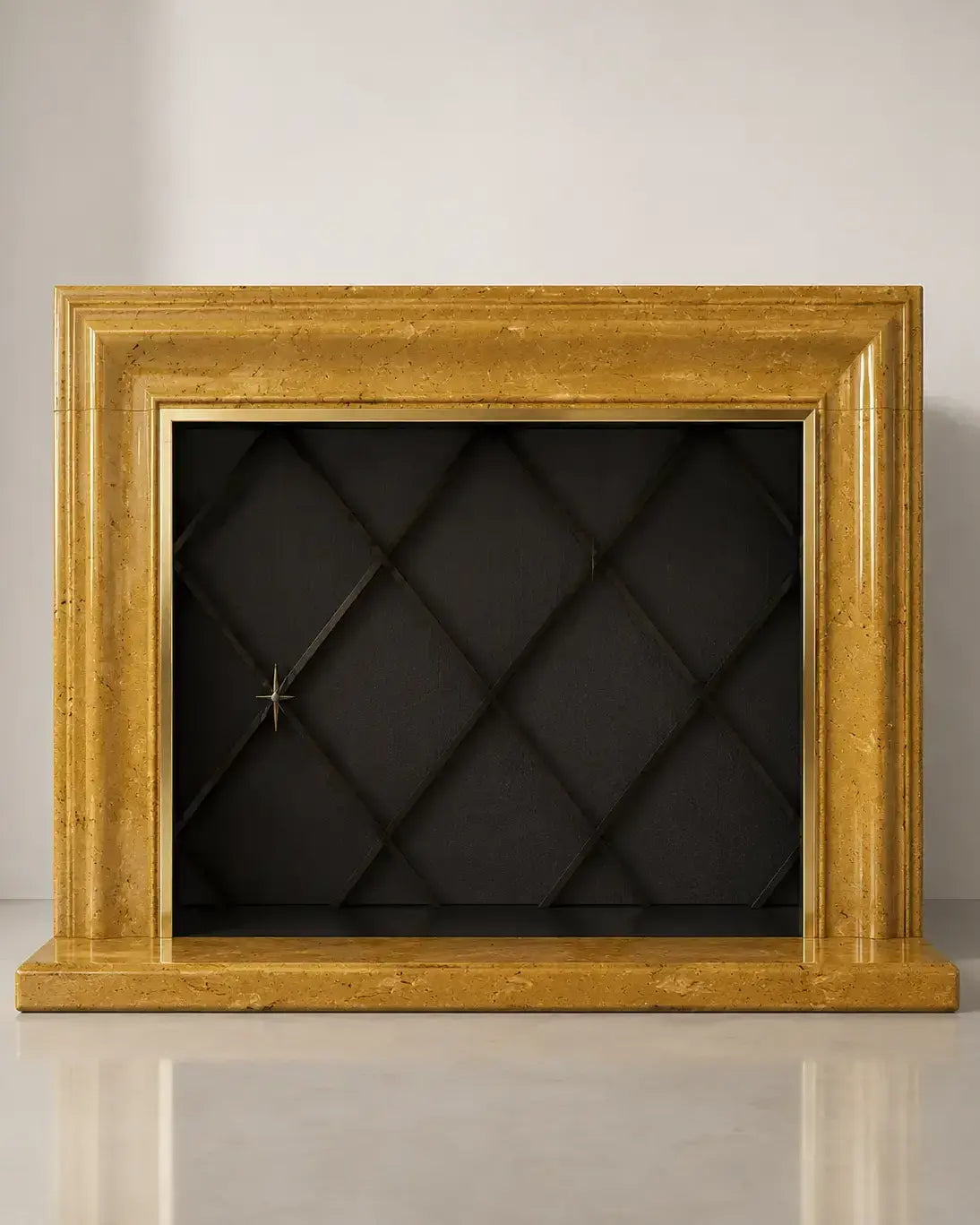 Handcrafted modern golden marble fireplace with stepped mouldings and diamond-pattern firebox interior in a luxury contemporary setting.