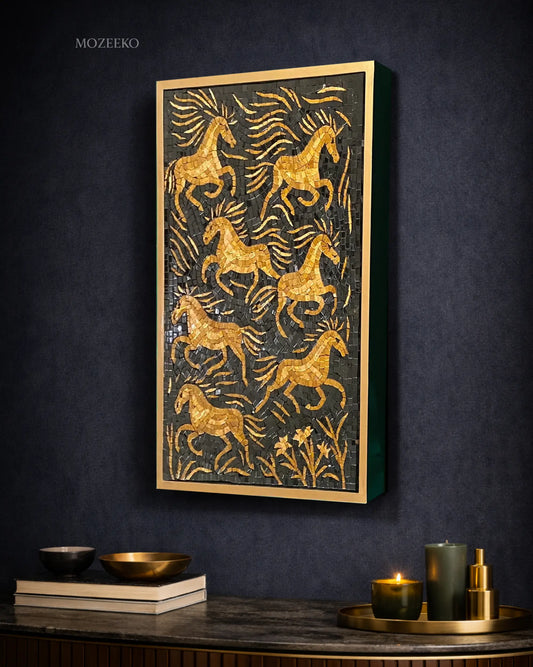 Side view of Golden Stallions marble mosaic wall art showing depth, tile texture, and golden floating wooden frame.