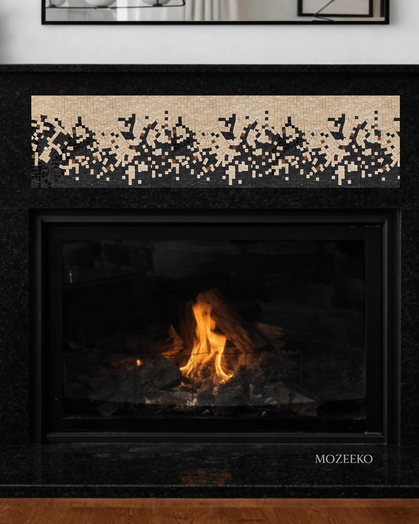 closeup-Jet black granite fireplace with handcrafted mosaic inlay panel, featuring a modern architectural design by Mozeeko.