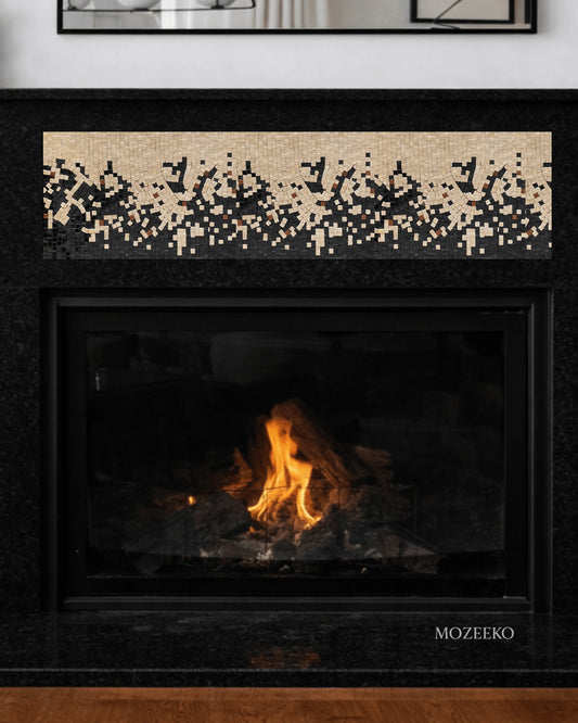 closeup-Jet black granite fireplace with handcrafted mosaic inlay panel, featuring a modern architectural design by Mozeeko.