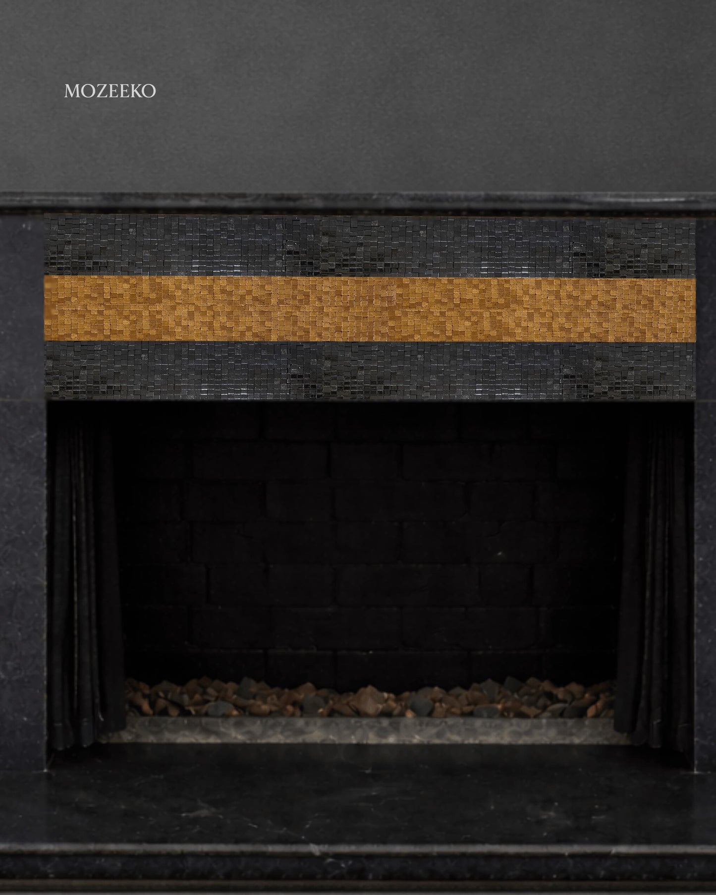 Jet black granite fireplace featuring a horizontal mosaic inlay band in a minimalist architectural design by Mozeeko.