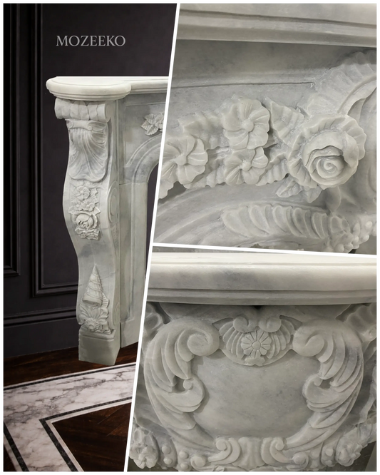 Close-up detail of Rococo floral carving on Super White marble fireplace