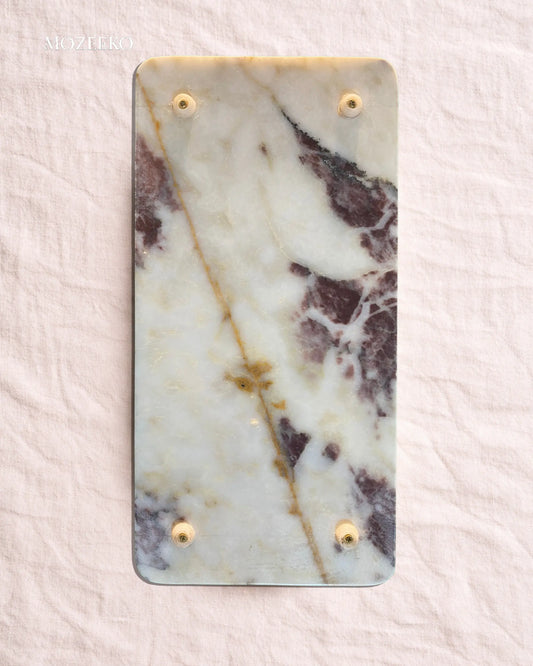 Rectangular red and white natural marble tray with smooth edges, 8 × 16 inches, handcrafted luxury stone tray by Mozeeko