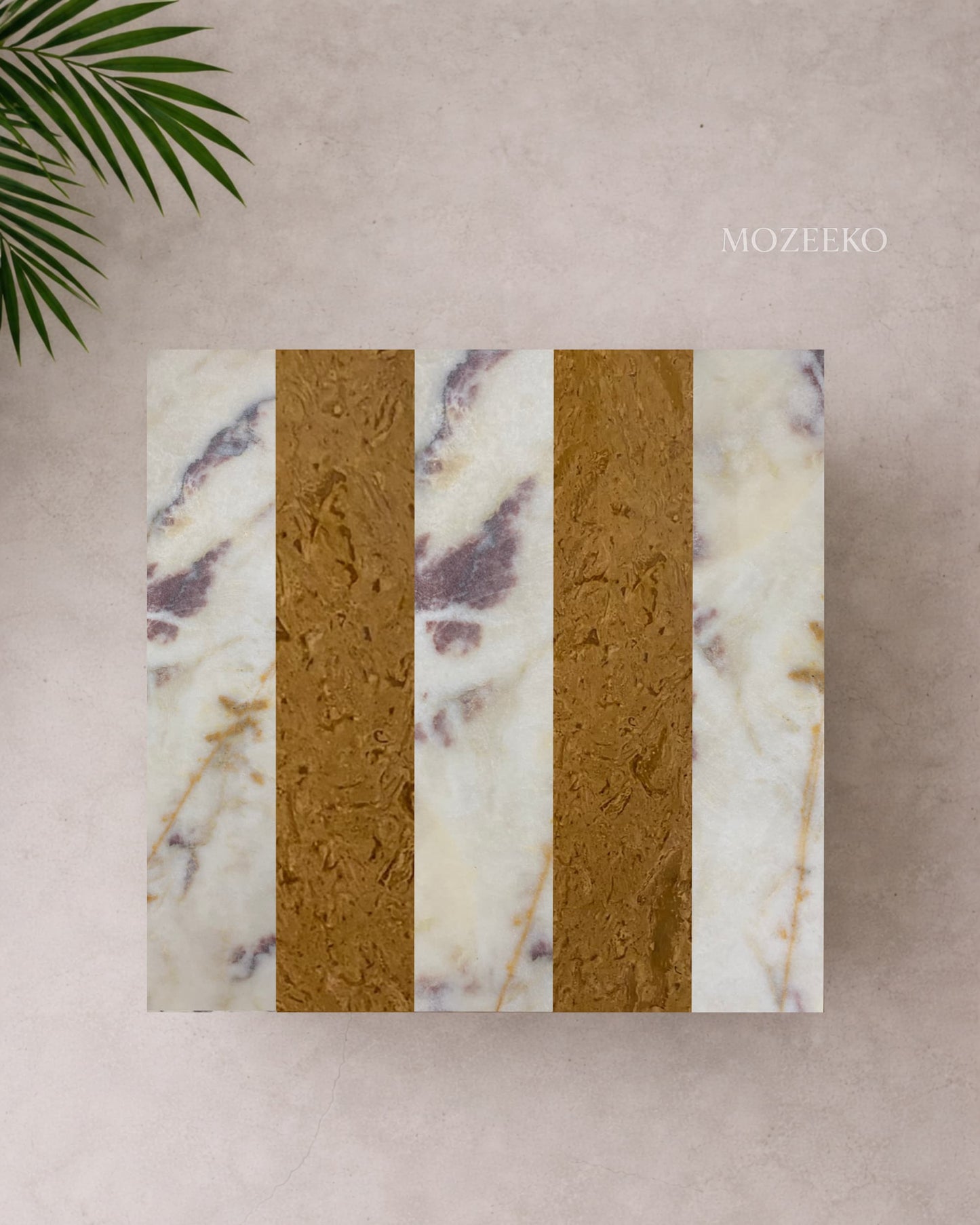 Linear strip marble table top in Red & White marble and Desert Gold by Mozeeko