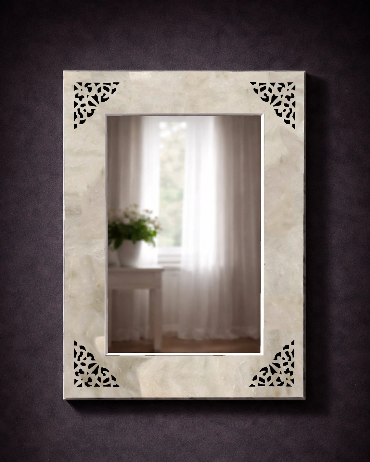 Kamoor White marble mirror with corner jali lattice cutwork and perforated stone frame