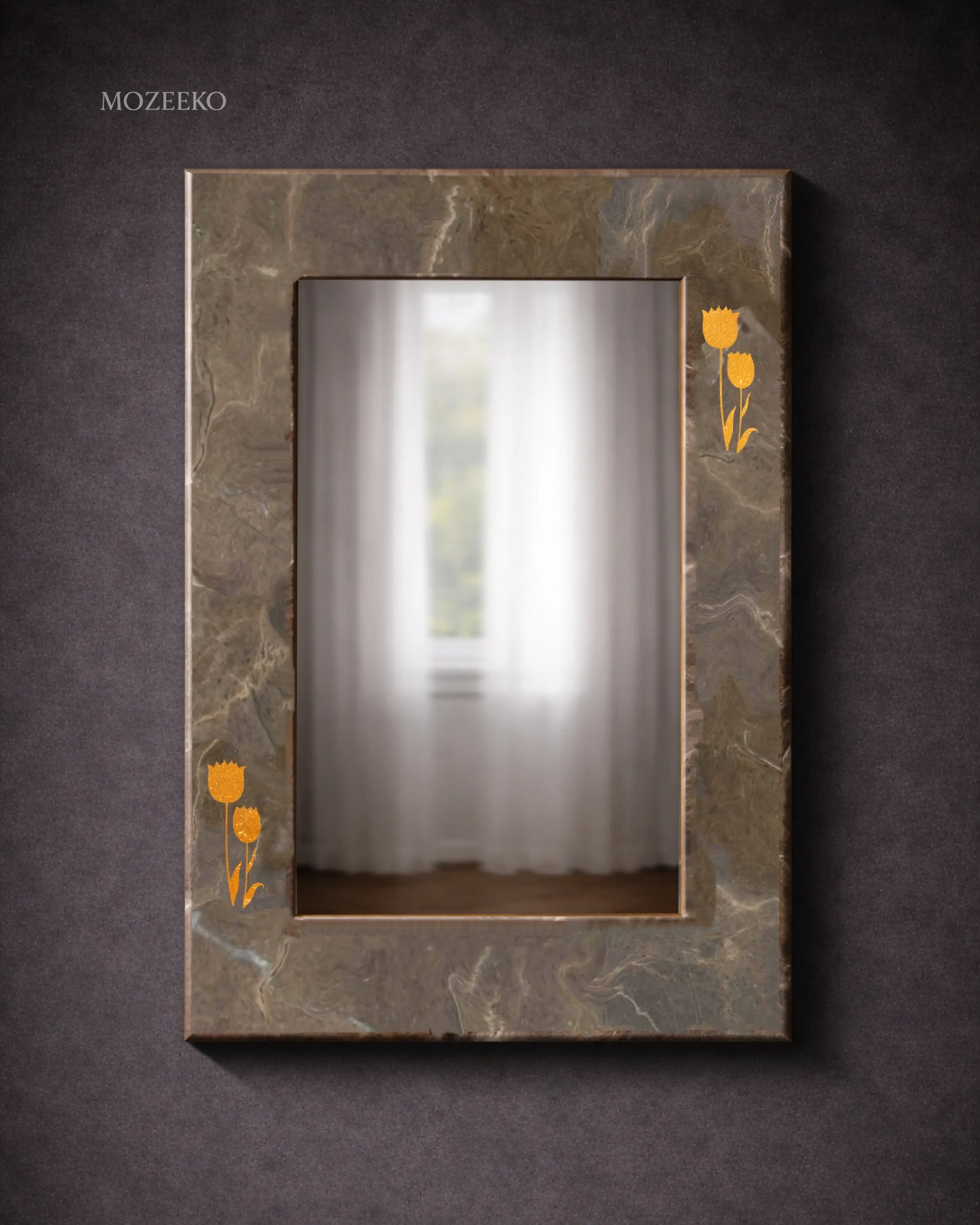Coffee marble mirror frame with brass floral inlay, rectangular 22 × 32 inches, handcrafted luxury stone mirror by Mozeeko