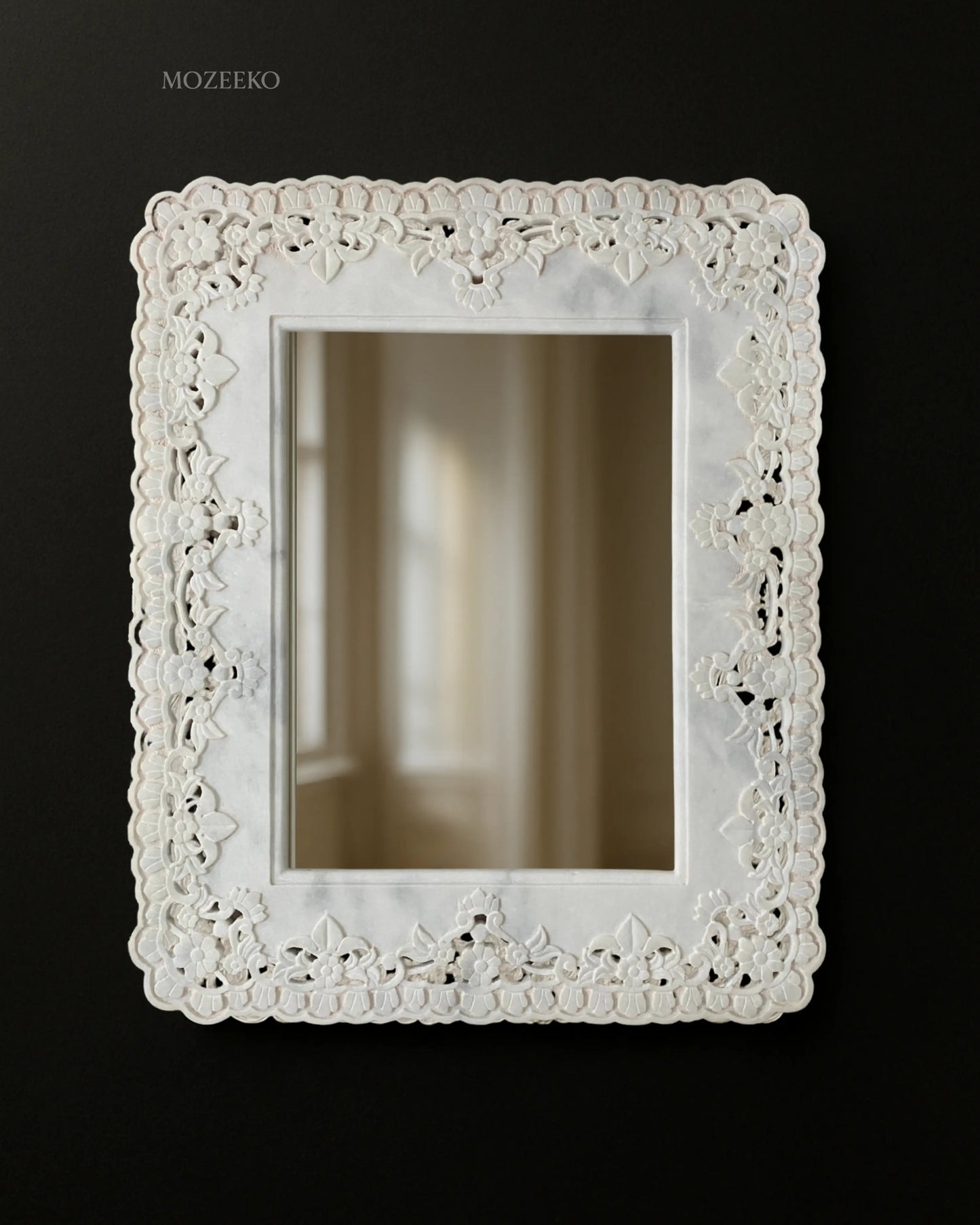 Ziarat White marble mirror with matte floral carving and jali lattice work