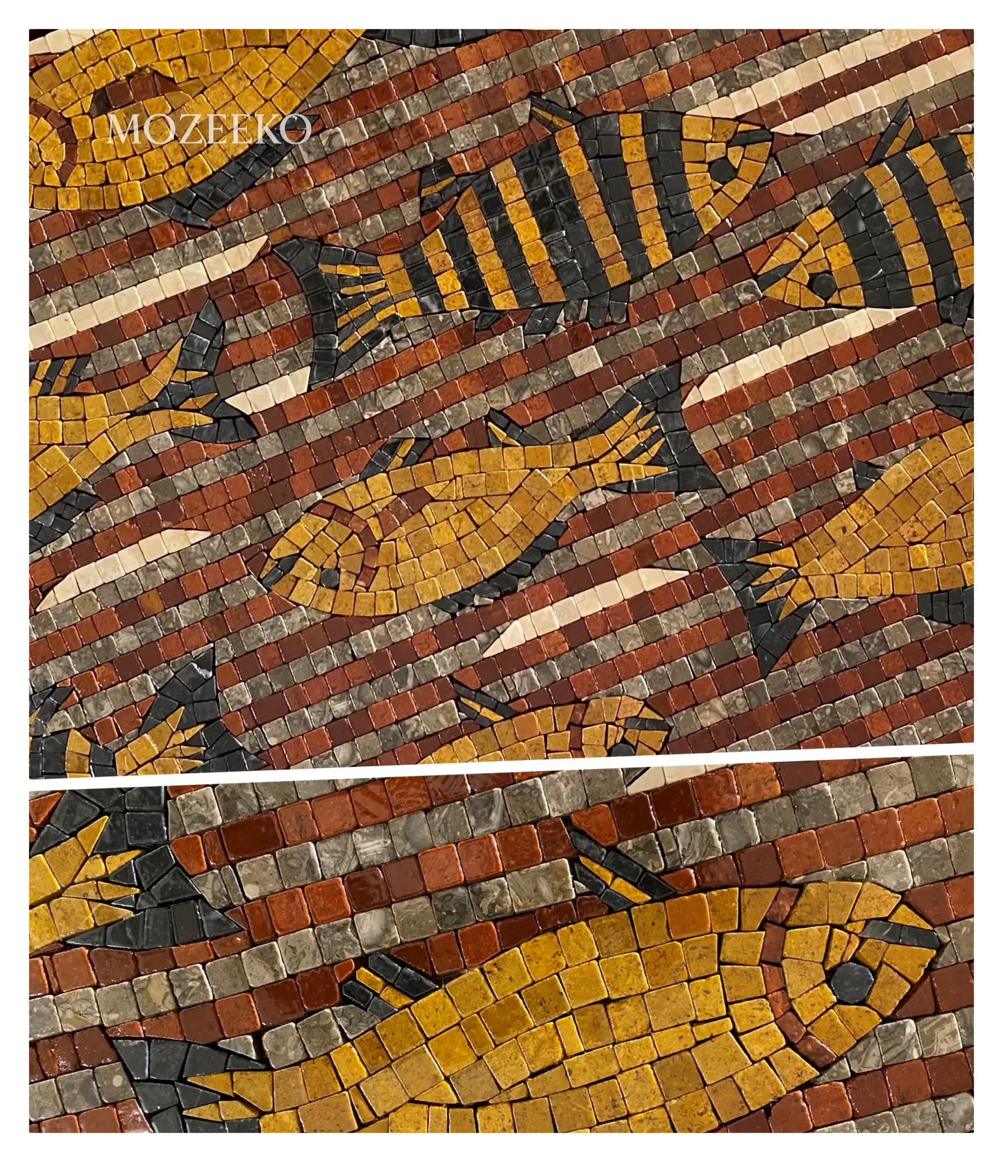 Luxury marble mosaic wall art depicting a shoal of golden fish as a contemporary statement piece