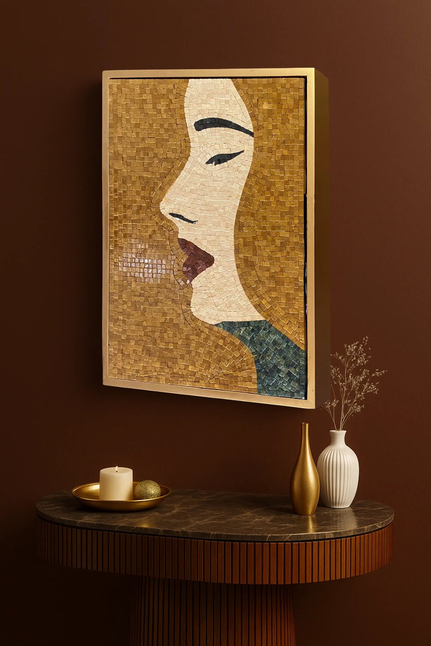Detail showcasing natural marble stones used in a handcrafted mosaic portrait