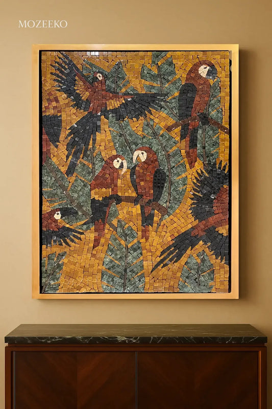 Close-up of red and golden marble parrots crafted from hand-cut stone in mosaic art