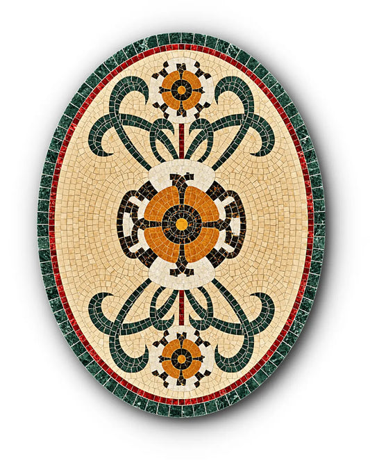 Heritage floral oval marble mosaic medallion installed in a polished marble entrance floor