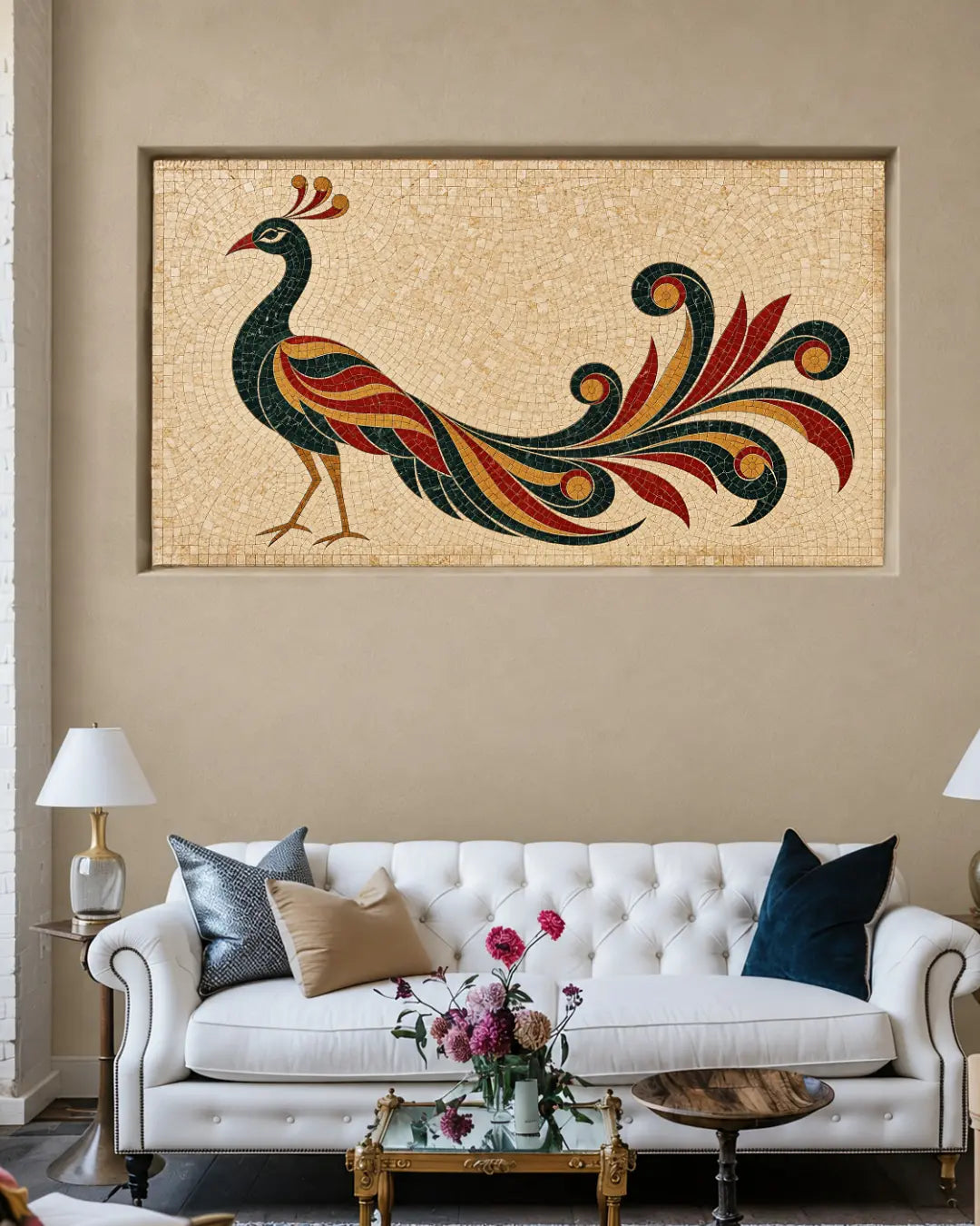 Stylized peacock in emerald green, ruby red and golden natural marble mosaic displayed in a recessed living-room wall niche