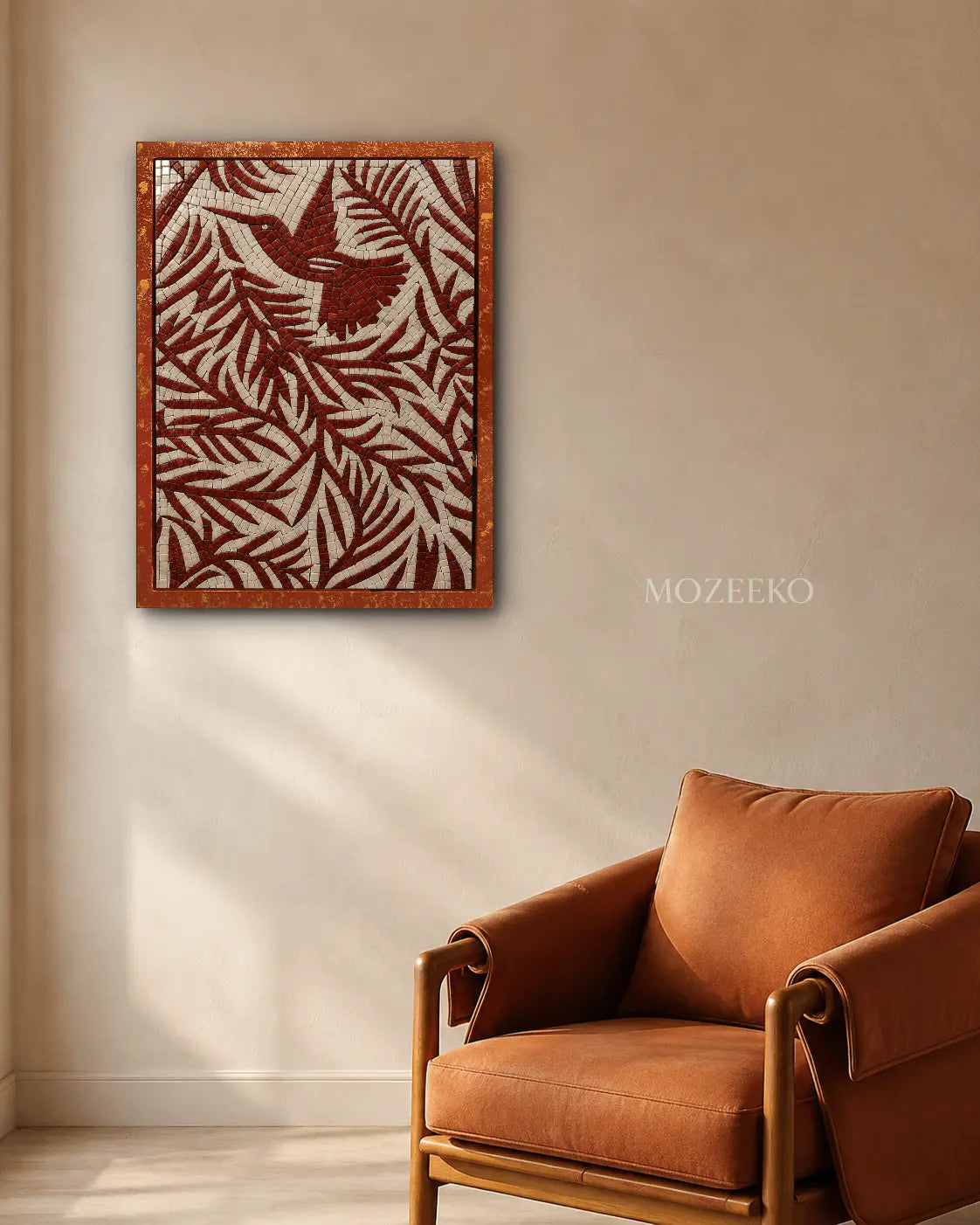 Red bird and leaves marble mosaic wall art displayed in a warm interior beside a rust-coloured armchair.