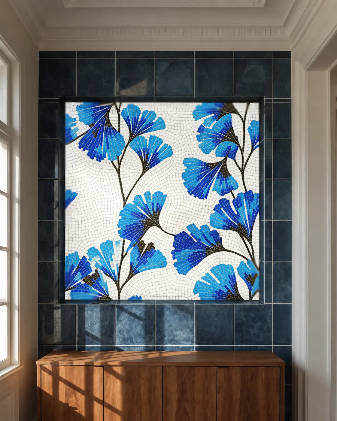 Sky-blue floral vitreous glass mosaic installed in a recessed feature-wall niche.