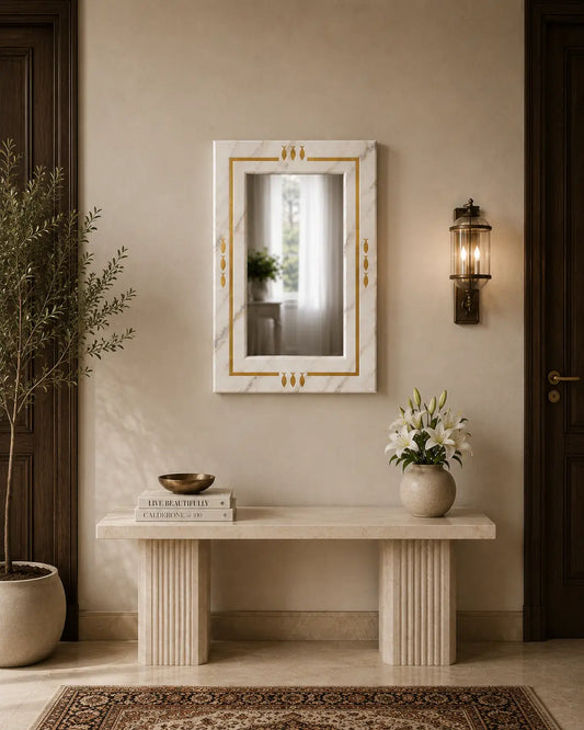 Red and white marble mirror frame with thin brass strip border, 22 × 32 inches, handcrafted luxury stone mirror by Mozeeko-1
