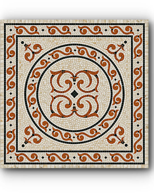 Square scroll-pattern mosaic medallion handcrafted in cream, rust-red and black natural marble