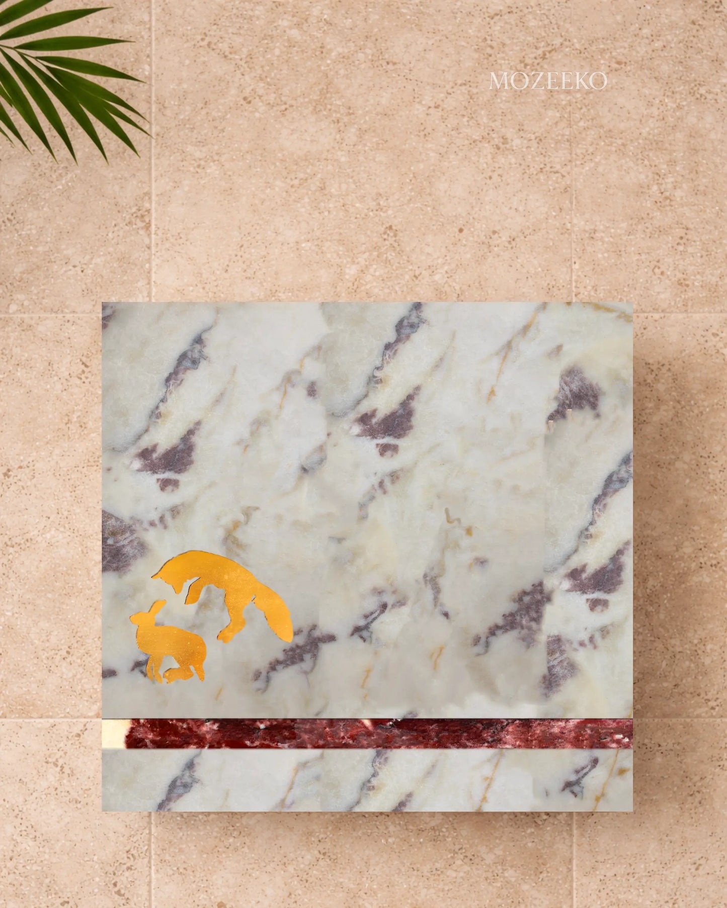 Mozeeko Red & White Marble Table Top — Brass Wolf & Rabbit
