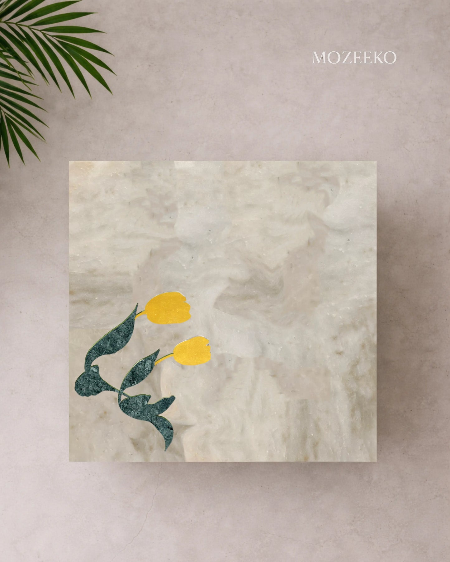 Kamoor White marble table top with hand-inlaid brass flower and Indian Green marble leaves