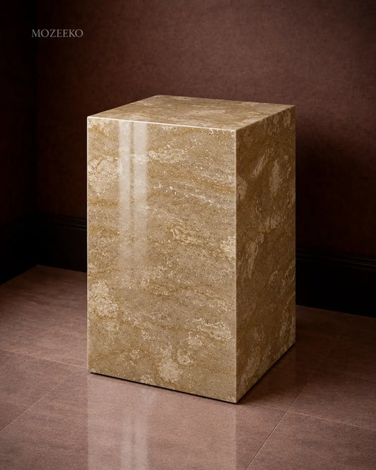 Tervera marble plinth with mitered corners and warm beige stone texture, shown as a sculptural accent pedestal-1