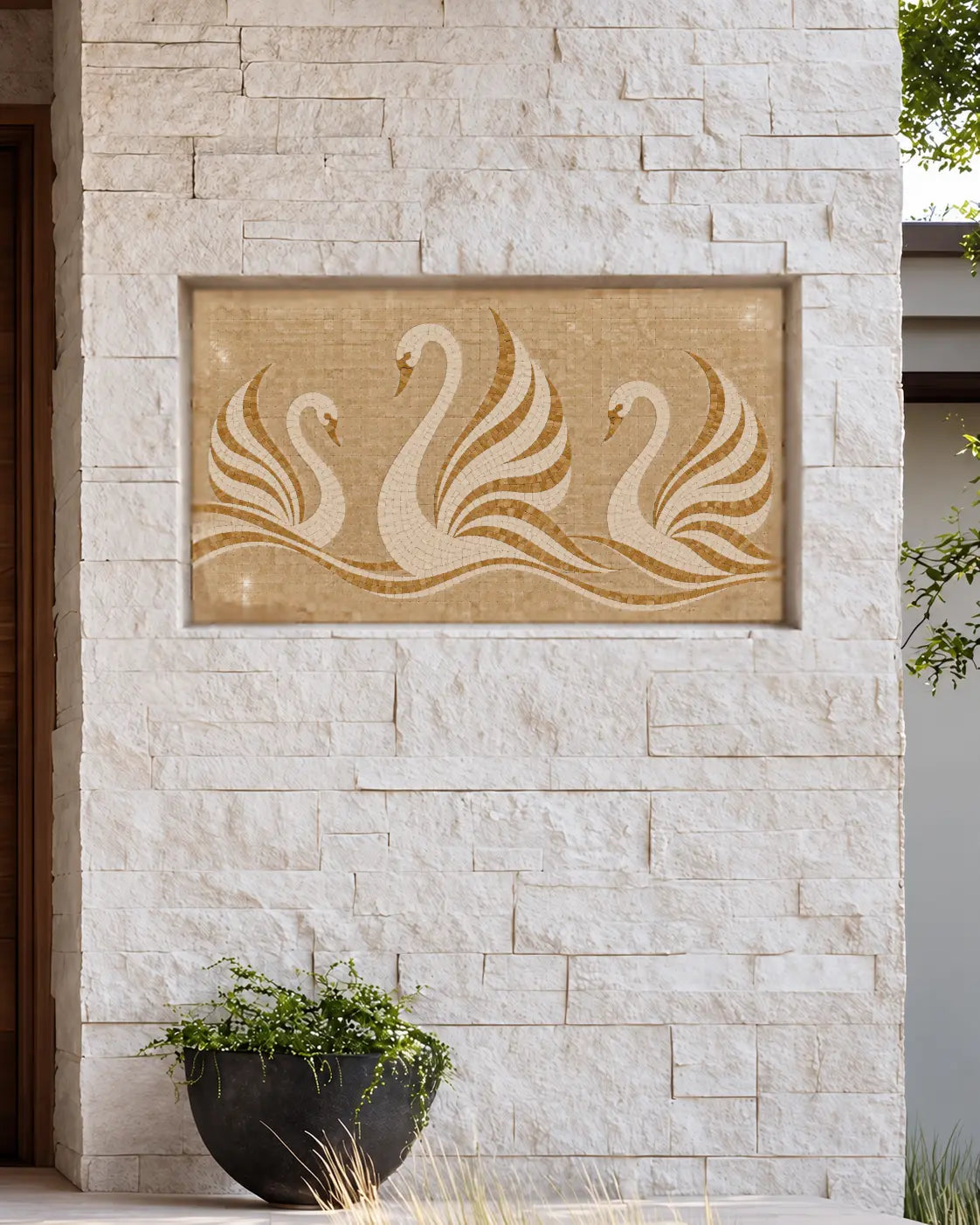 Three Ivory & Gold Swans Marble Mosaic Wall Panel