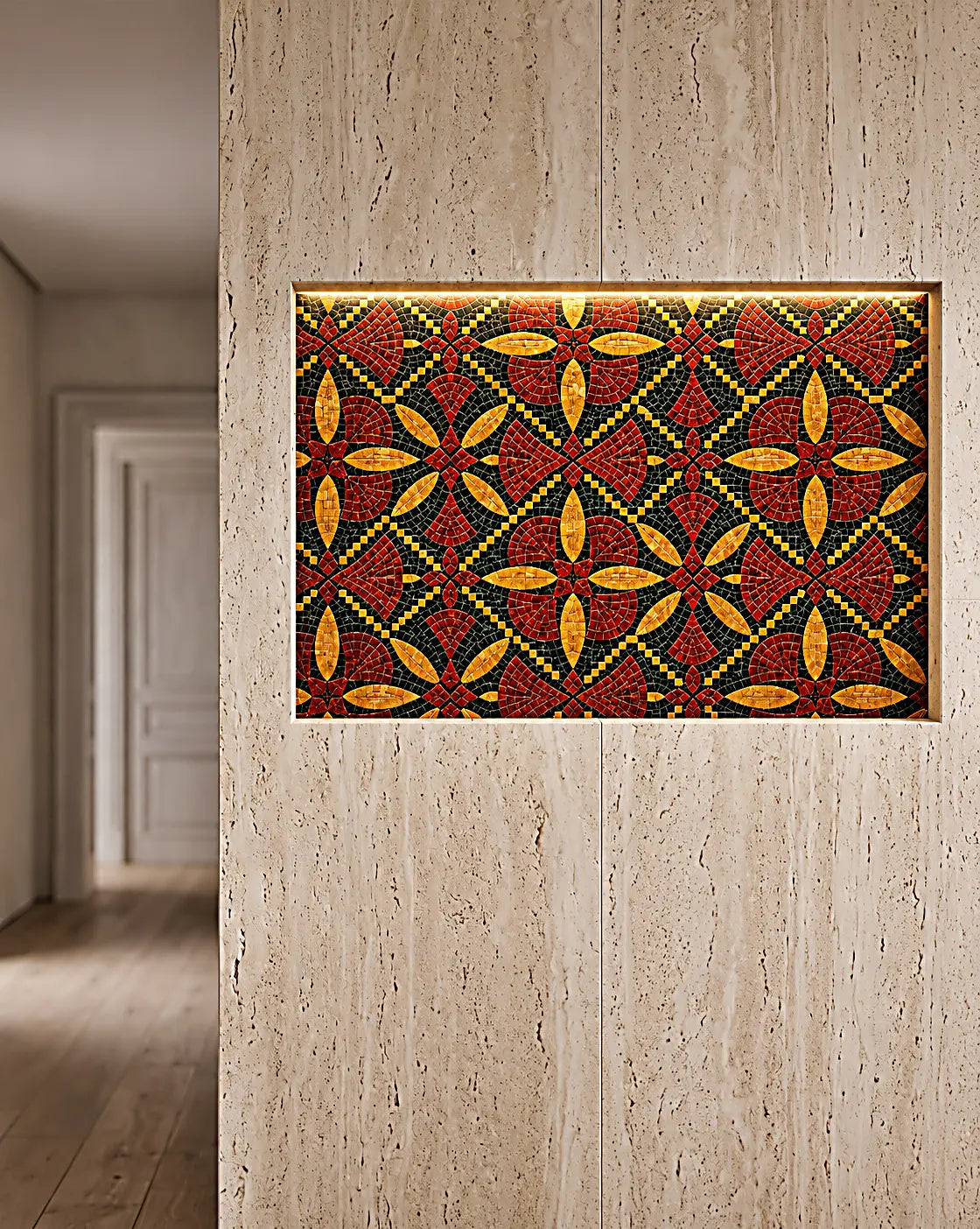 Ruby red, golden and black floral lattice marble mosaic panel installed in a recessed travertine wall niche