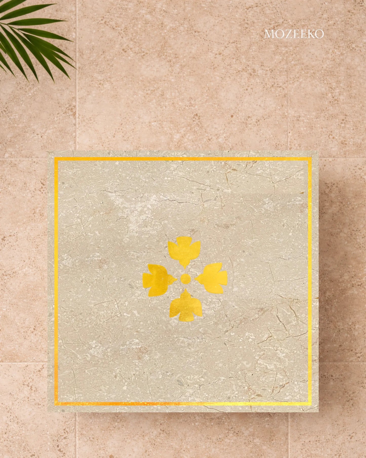 Travertine marble table top with four brass birds and sun motif by Mozeeko