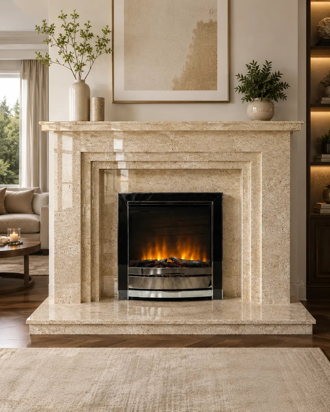 Handcrafted travertine marble fireplace surround with stepped mouldings and polished natural stone finish.
