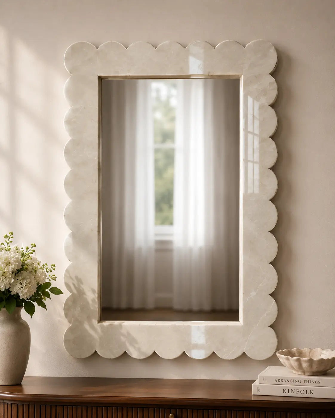 Kamoor White marble mirror frame with carved swirl border, handcrafted luxury stone mirror by Mozeeko