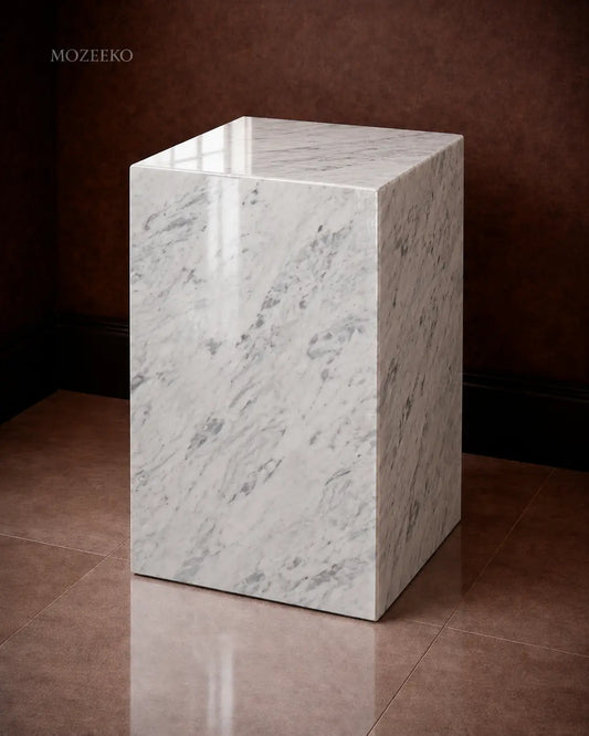 Kamoor white marble plinth with polished finish and mitered corners, styled as a sculptural accent pedestal-1