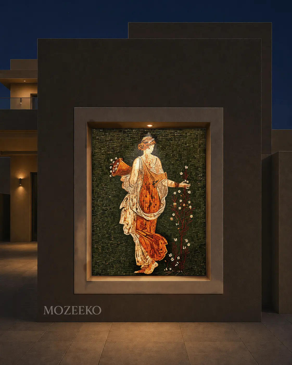 Woman carrying flowers handcrafted marble mosaic mural displayed in an illuminated exterior wall niche