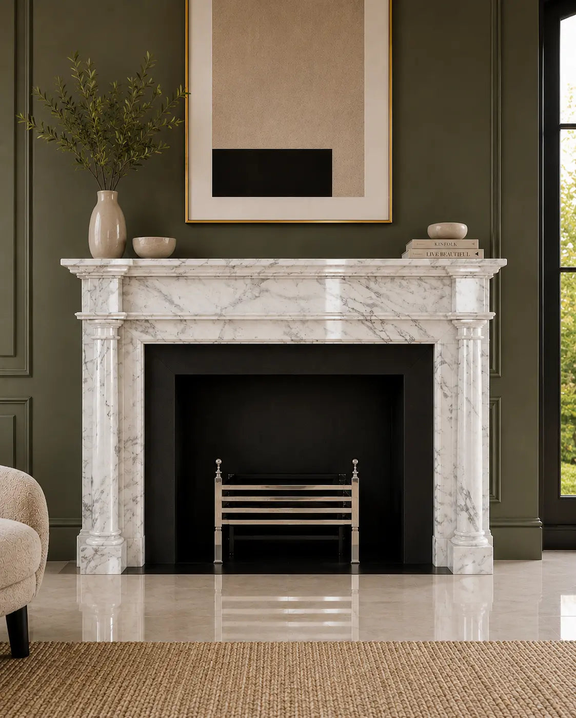 Handcrafted Ziarat White marble fireplace surround with fluted columns and polished natural stone finish.