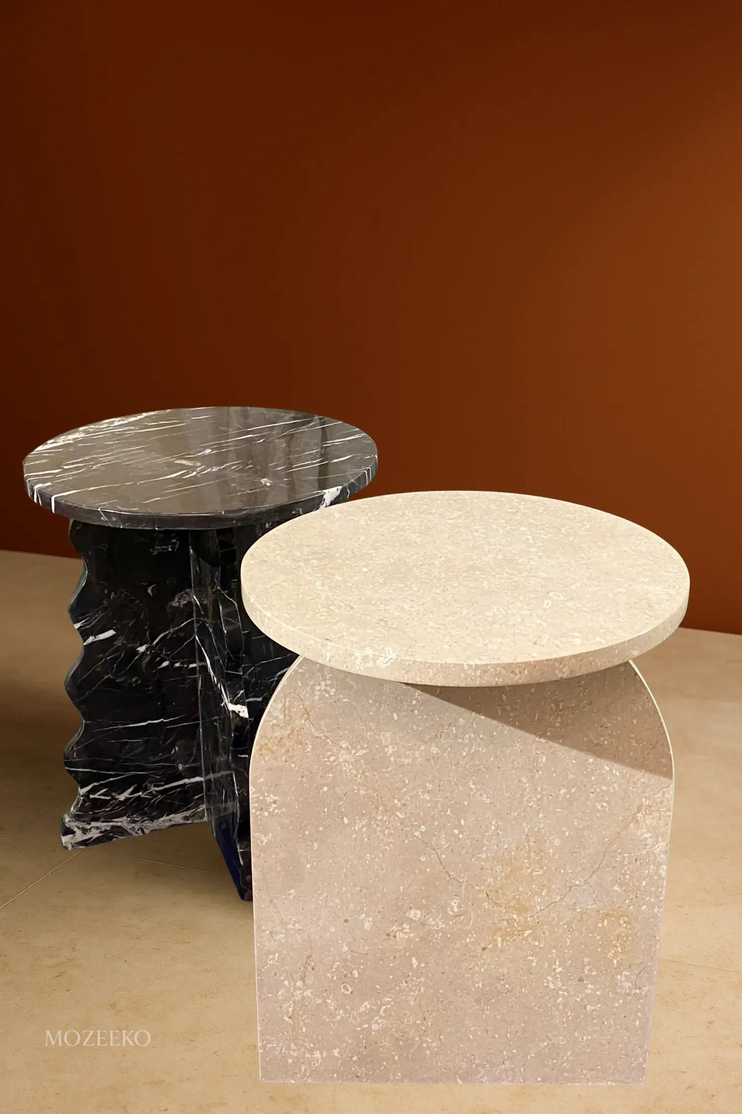 Coffee & Accent Tables – handcrafted marble accent and side tables in multiple shapes and colors including cream, black, beige, and golden tones, designed by Mozeeko.
