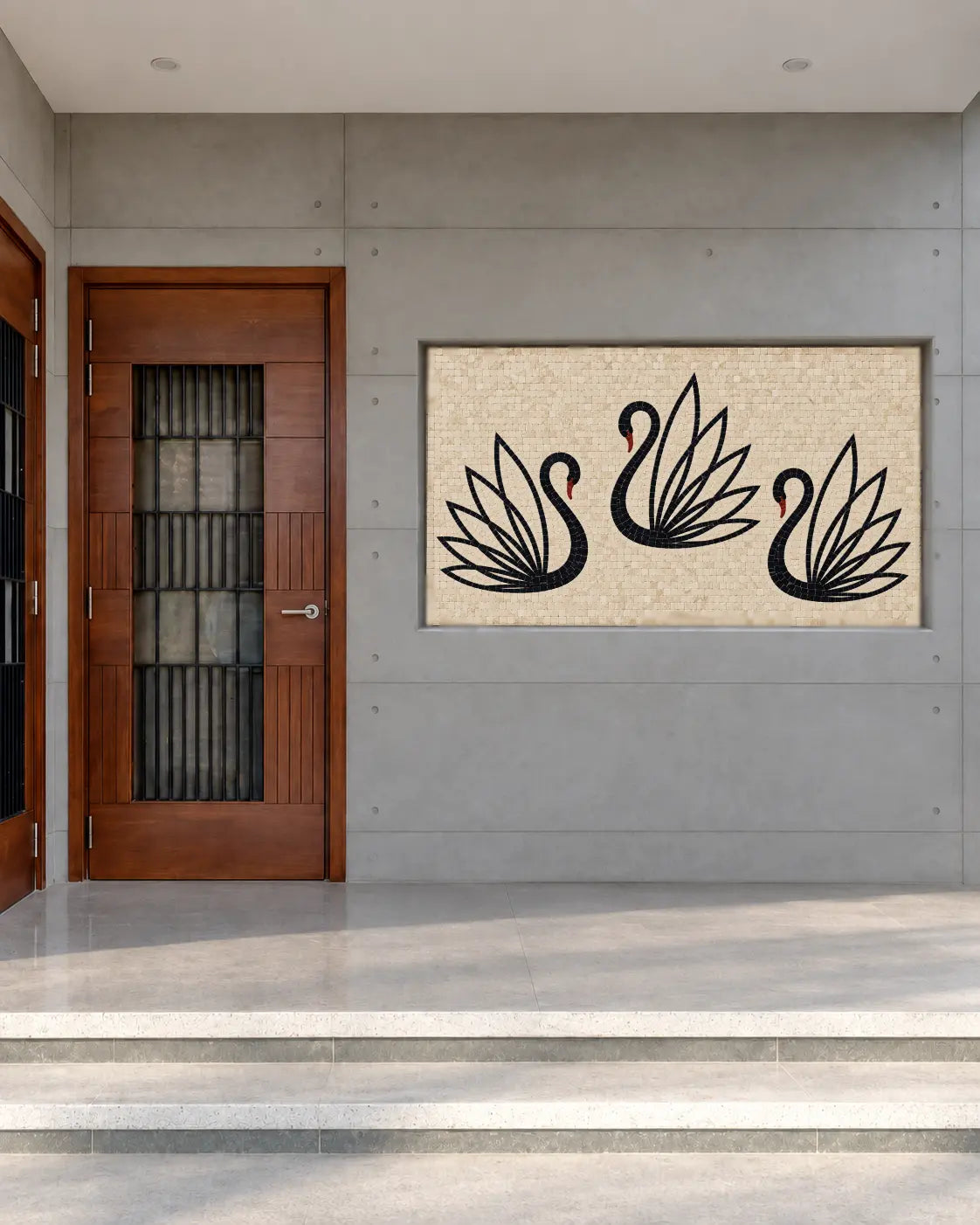 Three stylized black swans with deep red accents handcrafted in natural marble mosaic and installed in a recessed wall niche