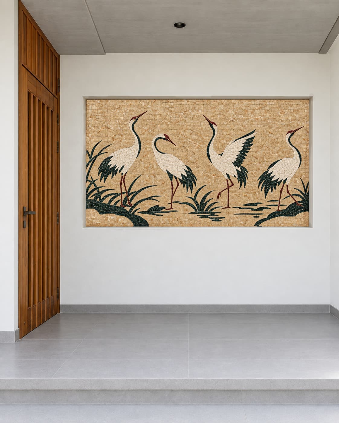 Four white cranes with dark green foliage handcrafted in natural marble mosaic and installed in a recessed wall niche