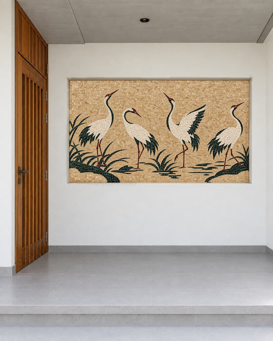Four white cranes with dark green foliage handcrafted in natural marble mosaic and installed in a recessed wall niche